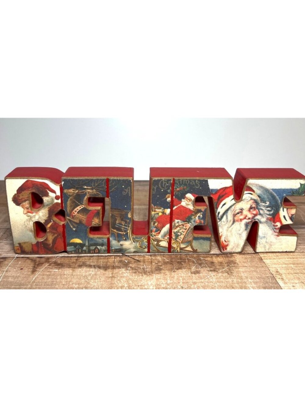 Vintage-Inspired Wooden "Believe" Christmas Decor With Santa & Sleigh Design